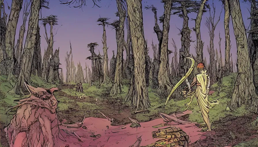 Prompt: ligne claire art of a druid in postapocalyptic city intertwined with nature in the open space, street - level view, by moebius, bright colors, eisner award - winning spread