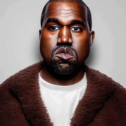 Prompt: the face of kanye west wearing teddy bear costume at 4 2 years old, portrait by julia cameron, chiaroscuro lighting, shallow depth of field, 8 0 mm, f 1. 8