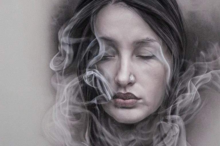 Prompt: a women fading into smoke, drawing, portrait, detailed, wide shot,. - h 4 0 0