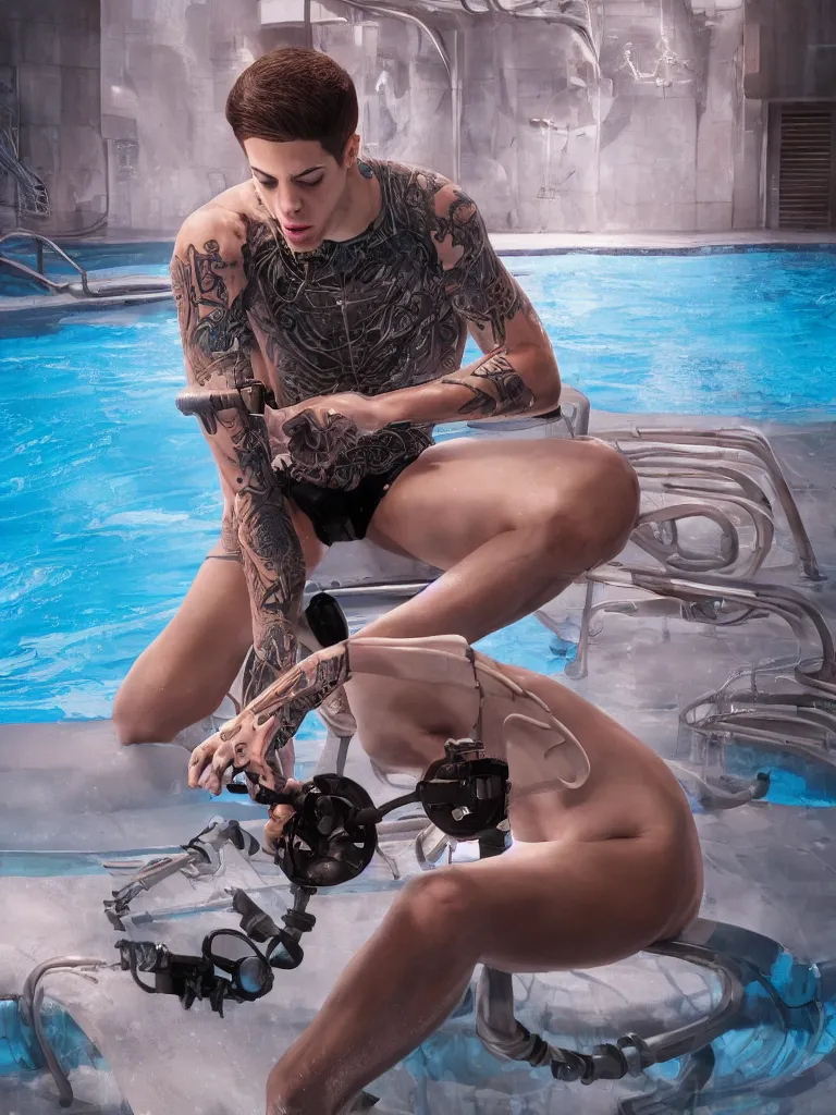 Prompt: Pete Davidson icing a cake at the pool, biomechanical fluid, dramatic lighting, hyperrealistic, ultrarealistic, intricate details, 4k, unreal 5, digital art