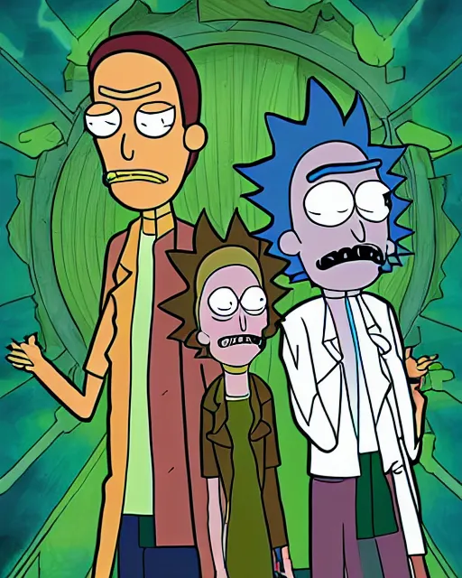 Image similar to dramatic line - art portrait of rick and morty, color glow, intense shading