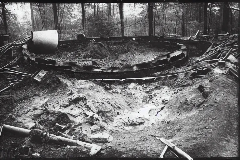 Prompt: black and white 1 9 3 0 s photograph the of a giant demon arm sticking out of a deep gigantic circular smoking construction pit in pennsylvania woods in june, human bodies, bent rebar, broken concrete, shovels, ominous, chaotic, grainy film