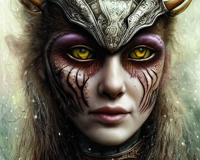 Image similar to 5 5 mm portrait photo of an armored gorgeous anesthetic redhead woman warrior with a face tattoo and horns growing from her head, and owl sitting on her shoulder in a magical forest in the style of stefan kostic, art by luis royo. highly detailed 8 k. intricate. lifelike. soft light. nikon d 8 5 0. cinematic post - processing