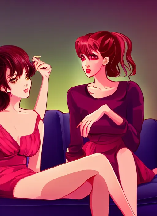 Image similar to two beautiful housewives in the living room on a hot summer evening, gorgeous faces, thick lines, cinematic lighting, detailed anime art