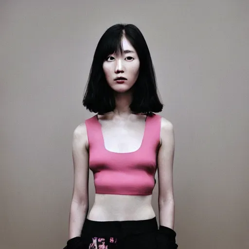 Prompt: Lee Jin-Eun wearing suptuous top by Ren Hang, rule of thirds, seductive look, beautiful,
