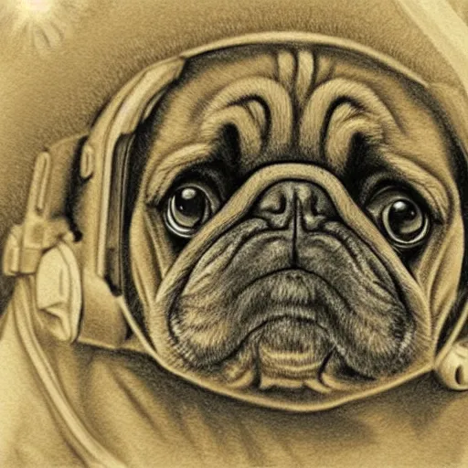 Image similar to pencil art, golden - ratio, spirals, highly detailed, panorama, astronaut pug in outer space by davinci.