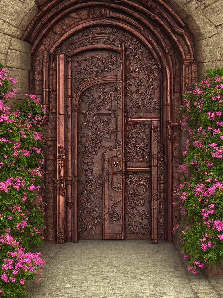 Prompt: HD digital art detailed old copper castle door entrance with flowers and a path outside by James Gurney, cgsociety, artstation