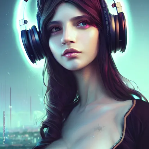 Image similar to beautiful full portrait of a girl, brunette curvy long hair, full - body shot, wearing cyberpunk headphones, streetwear, like a fashion model + high detailed, resolution beautifully detailed landscape trending on artstation 8 k, cinematic, epic detailed trending on artstation 8 k, by bukurote + krenz cushart + ryota - h + wlop