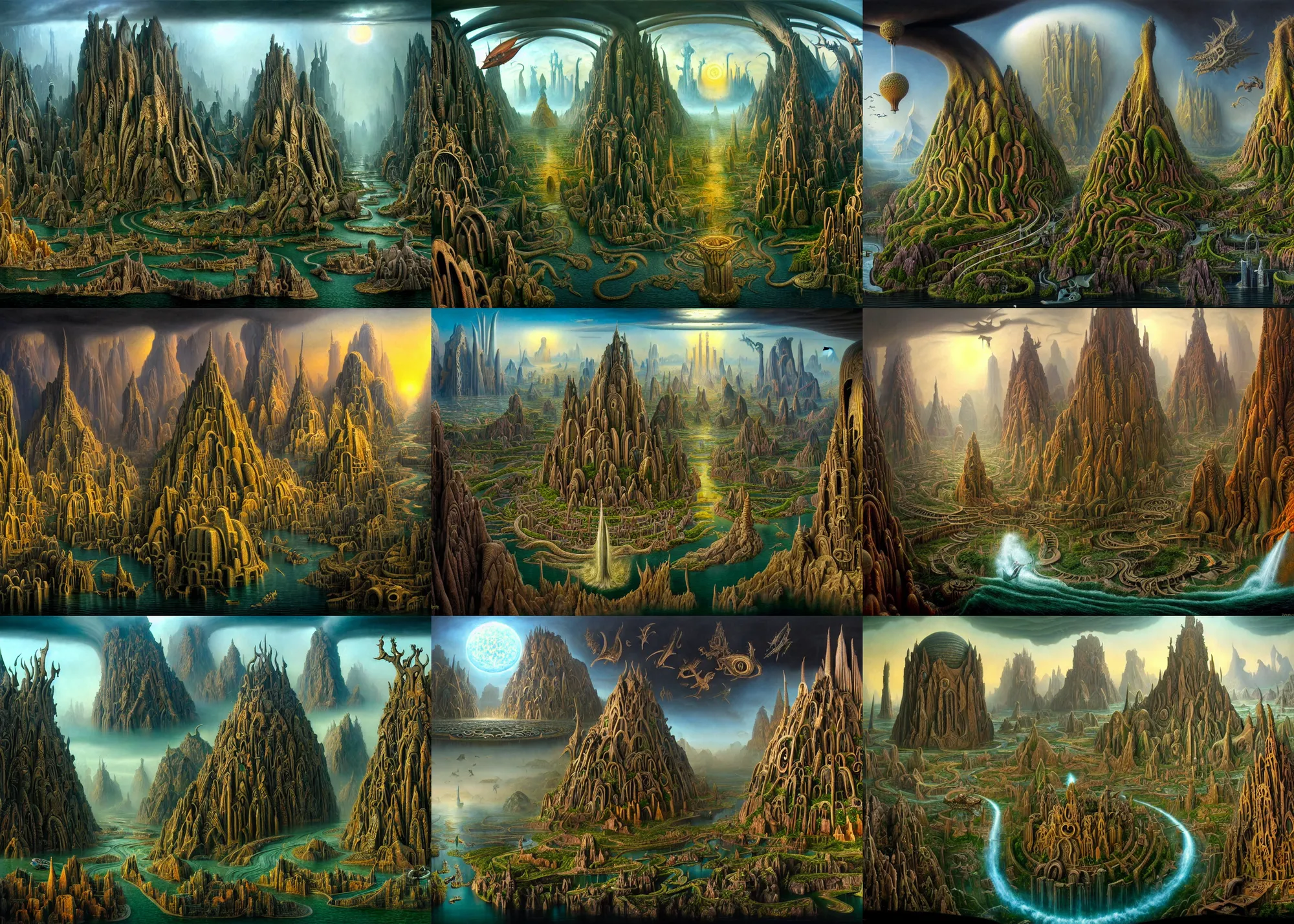 Prompt: a fantastic insanely detailed matte painting by Jim Burns and Noah Bradley and Heironymous Bosch and James Gurney titled The City of the Gods with surreal flowing architecture designed by Heironymous Bosch, mega structures inspired by Heironymous Bosch's Garden of Earthly Delights, glorious!, surreal landscape, colorful, whimsical!!!, masterpiece!!, grand!, imaginative!!!, intricate details!!!, elegant, sense of awe!!!, elite, rich color palette, low contrast, featured on artstation, award winning