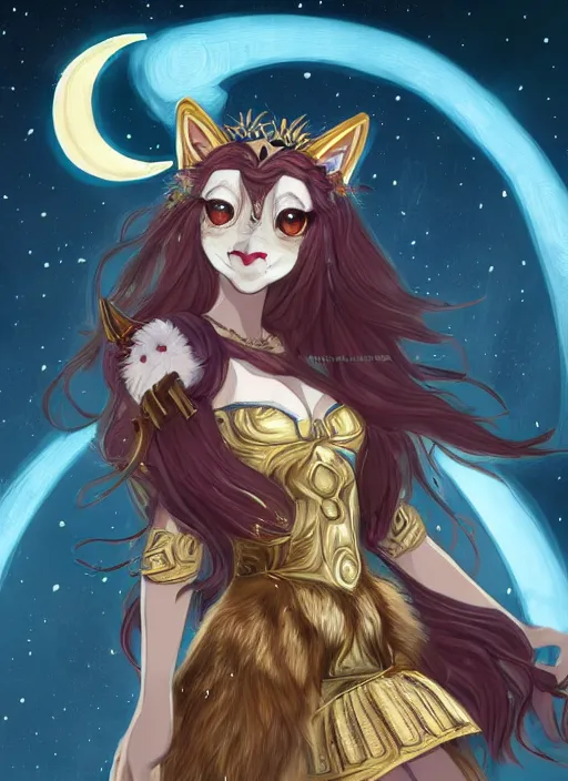 Image similar to commissioned full body portrait of a female anthro wolf princess fursona with a wolf head white fur and long red hair hair wearing a blue and gold Japanese armored dress in a white and gold palace on a starry night with a large crescent moon, by a professional manga illustrator, by Kilian Eng, by Sandra Chevrier, trending on artstation
