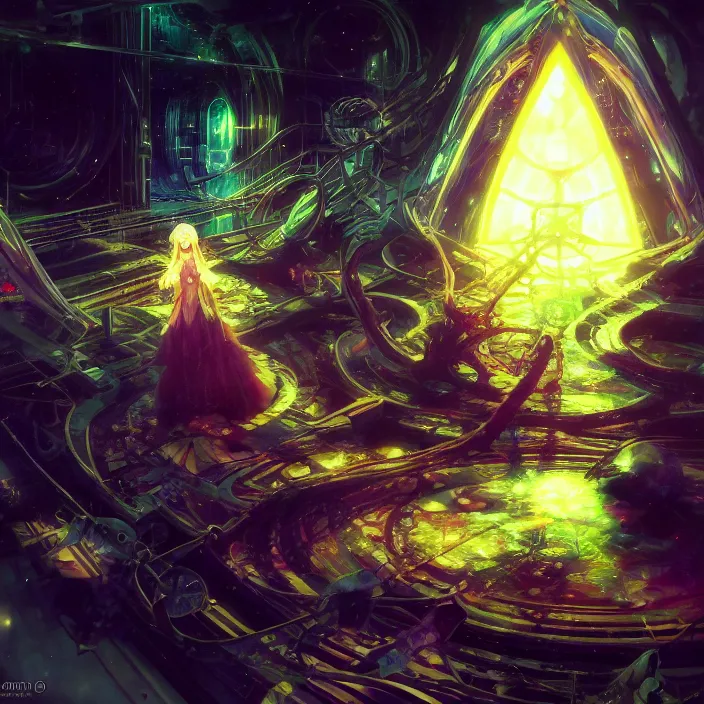 Image similar to Albedo from overlord, mamimi samejima, psychedelic background, epcot, inside a space station, eye of providence, female anime character, Lain, uwu, uwu, Luminism, Tomas Sanchez, Karol Bak, surrealism, by Finnian MacManus Ruan Jia, uwu Hi-Fructose, Artstation, HD, HDR, High Resolution, 1024x1024, technological rings, giygas, demon souls, bloodborne boss