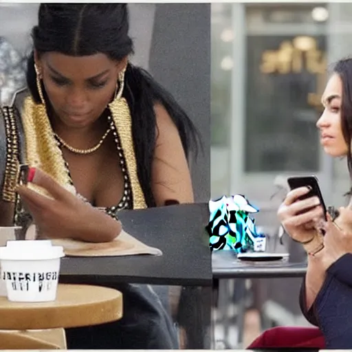 Image similar to modern day cleopatra sitting at starbucks using a phone. modern day julius caesar standing next to her with an umbrella at hand. hyper realistic.