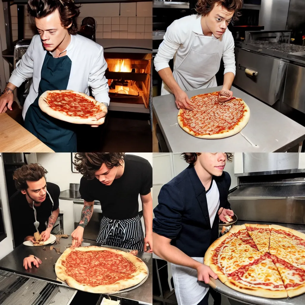 Prompt: a photo of harry styles making a pizza