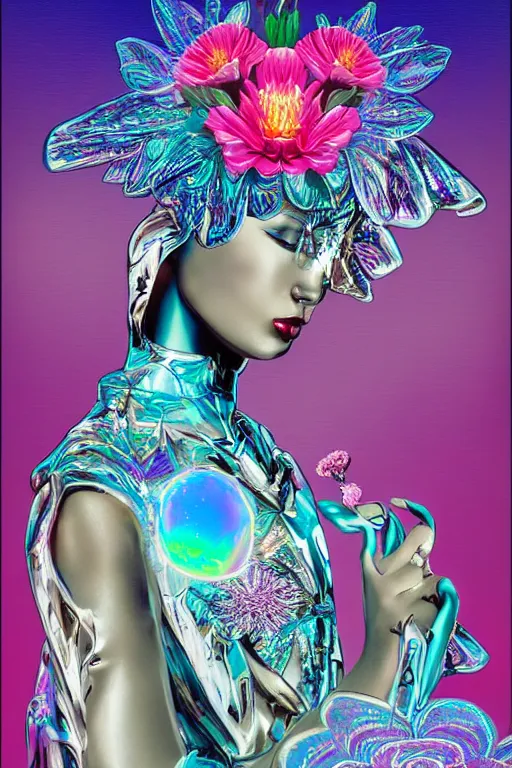 Prompt: opalescent retrofuturistic digital airbrush illustration of a knight wearing an ornate chrome headpiece and holding a flower with a landscape and sky in the background by luigi patrignani and syd brak
