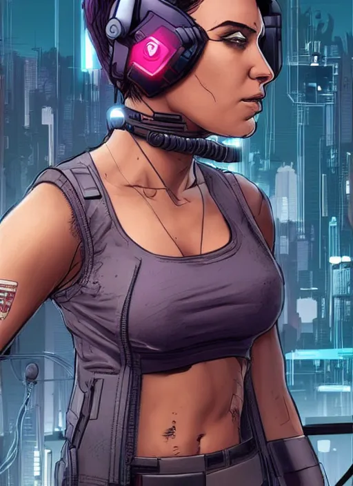 Prompt: Buff Maria. Female cyberpunk meathead wearing a cyberpunk headset. gorgeous face. Realistic Proportions. Concept art by James Gurney and Laurie Greasley. Moody Industrial skyline. ArtstationHQ. Creative character design for cyberpunk 2077.