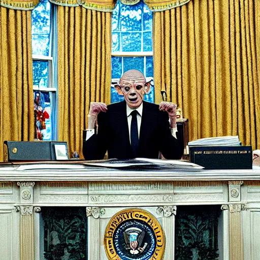 Prompt: president gollum giving a speech in the oval office