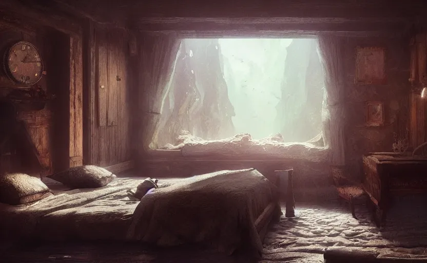 Image similar to painting of an interior of a cozy bedroom carved in a moutain, small hot spring and lush garden outside, other bedrooms can be seen, natural light, fantasy, natural light, concept art, by greg rutkowski and craig mullins, cozy atmospheric and cinematic lighting, trending on artstation