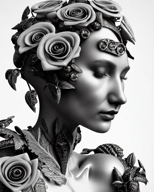 Image similar to mythical dreamy black and white organic bio - mechanical spinal ribbed profile face portrait detail of translucent steampunk beautiful female angelic - human - queen - vegetal - cyborg, highly detailed, intricate crystal ivy jelly ornate, poetic, translucent roses ornate, 3 d render, digital art, octane render, 8 k artistic photography, photo - realistic, by dora maar