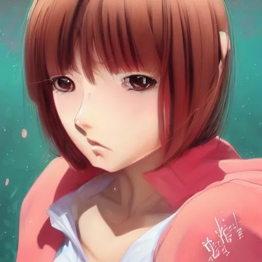 Image similar to A realistic anime portrait of a girl with chopped brown hair with a human face wearing a pink sailor suit, digital painting, by Masamune Shirow, Stanley Artgerm Lau, WLOP, and Rossdraws, digtial painting, trending on ArtStation, deviantart