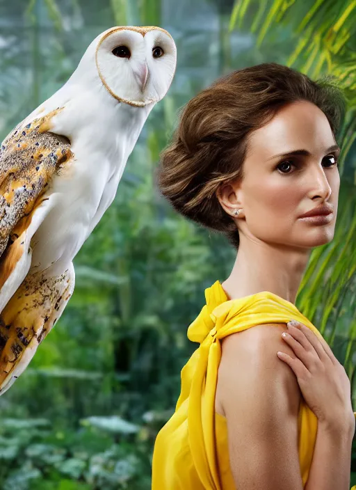 Prompt: Award winning head to shoulder portrait photograph of an elegant top model that looks like natalie portman wearing a yellow kimono with a very detailed barn owl on her shoulder!!! in a tropical greenhouse. looking at the camera!!. super resolution. Extremely detailed. art by Rineke Dijkstra.