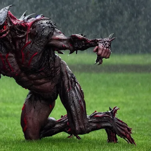 Image similar to a monster from predator is chasing joe biden on the white house lawn during a storm, dramatic