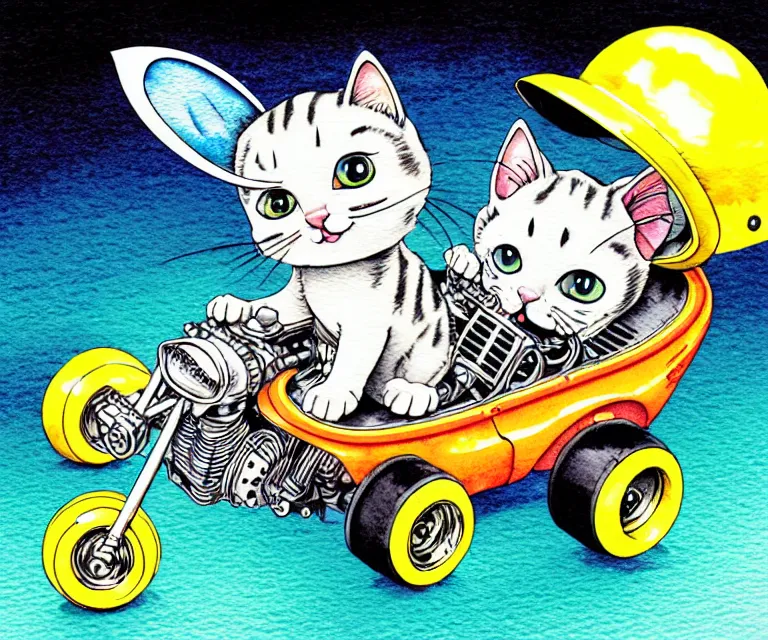 Image similar to cute and funny, kitten wearing a helmet riding in a tiny hot rod with oversized engine, ratfink style by ed roth, centered award winning watercolor pen illustration, isometric illustration by chihiro iwasaki, edited by range murata, tiny details by artgerm and watercolor girl, symmetrically isometrically centered