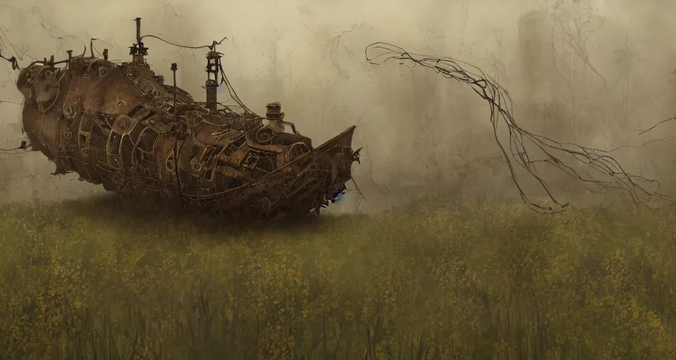 Image similar to rusty broken steampunk flying ship taken by ferns and vines, steppe, misty background, from the game pathologic 2, highly detailed, sharp focus, matte painting, by studio ghibli, by su jeong ahn, by isaac levitan and asher brown durand,