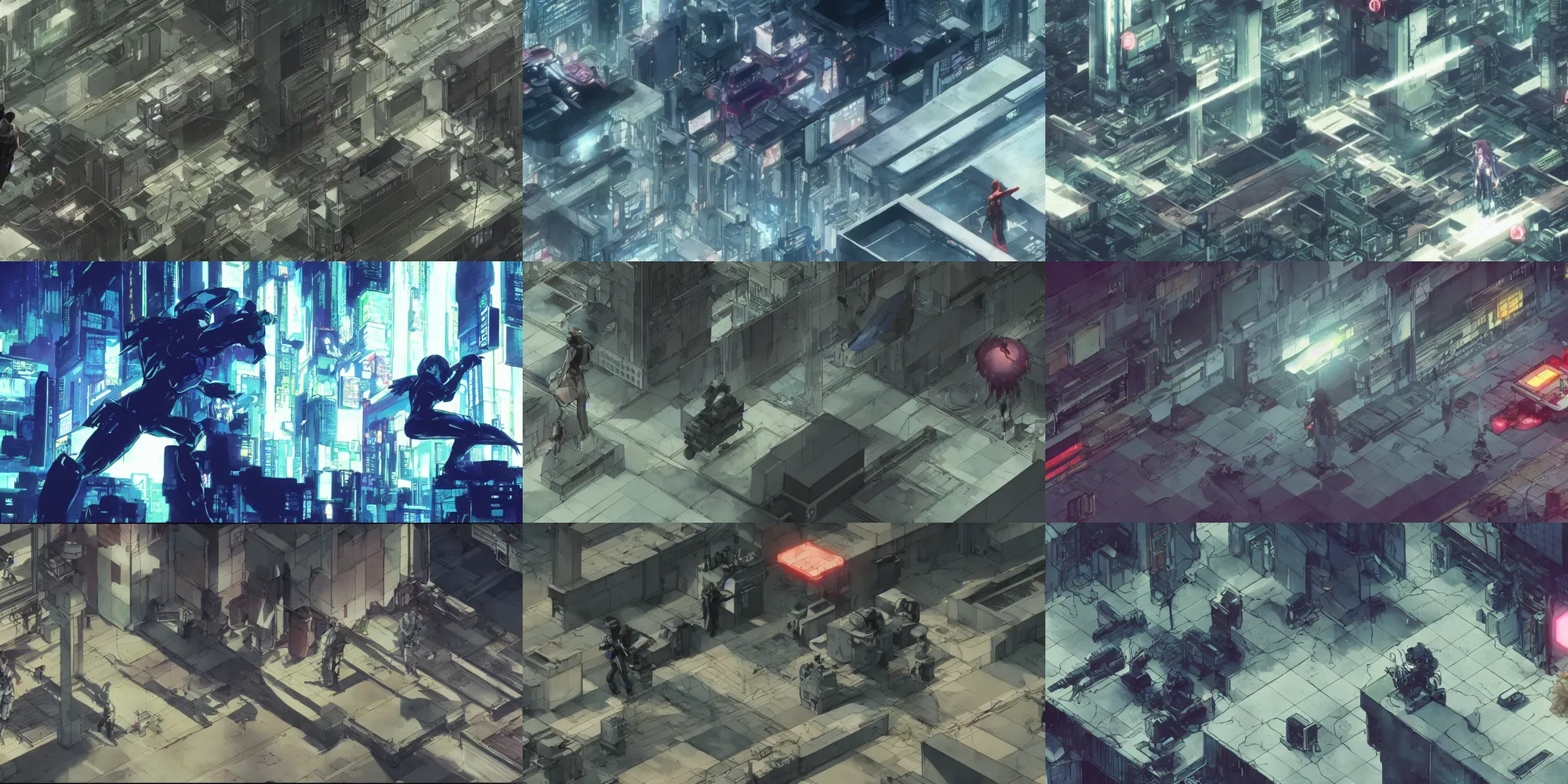 Prompt: incredible isometric screenshot, simple watercolor, masamune shirow ghost in the shell movie scene Kusanagi, phil hale, Yoji Shinkawa, bright rim light, hd, 4k, remaster, dynamic camera angle, deep 3 point perspective, fish eye, dynamic scene