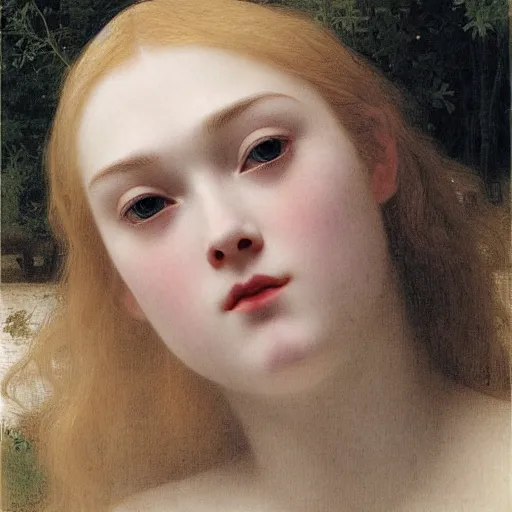 Prompt: A masterpiece head and shoulders portrait of Elle Fanning trapped in a coffin by William Adolphe Bouguereau and Junji Ito