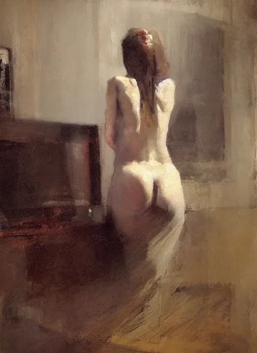 Prompt: aesthetic portrait painting of a beautiful woman posing in an artistic over a bed, by jeremy mann, only one head single portrait