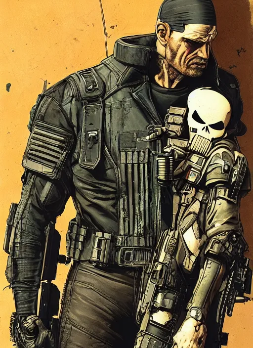 Prompt: the punisher. cyberpunk mercenary in tactical harness and jumpsuit. portrait by stonehouse and mœbius and will eisner and gil elvgren and pixar. realistic proportions. dystopian. cyberpunk 2 0 7 7, apex, blade runner 2 0 4 9 concept art. cel shading. attractive face. thick lines.