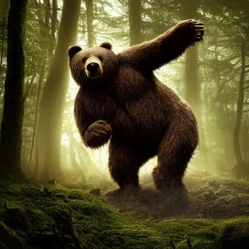 Prompt: a giant bear-shaped lovecraftian monster running quickly through a woodland, scary bear monster, 4 arms, magical forest, fantasy, Ireland, England, king Arthur, Lord of the rings, cinematic, realistic style, beautiful, majestic, dramatic lighting, early morning, dawn CGsociety, realistic, hyper maximalist, golden ratio, octane render, rule of thirds, wide shot , 8k resolution, epic volumetric light, cinematography, concept art, Artstation trending, environments, fantasy