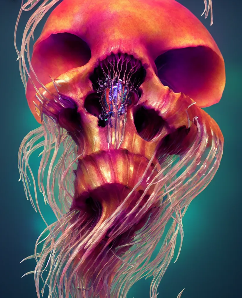 Image similar to goddess close-up portrait animal skull. jellyfish phoenix head, nautilus, orchid, skull, betta fish, bioluminiscent creatures, intricate artwork by Tooth Wu and wlop and beeple. octane render, trending on artstation, greg rutkowski very coherent symmetrical artwork. cinematic, hyper realism, high detail, octane render, 8k