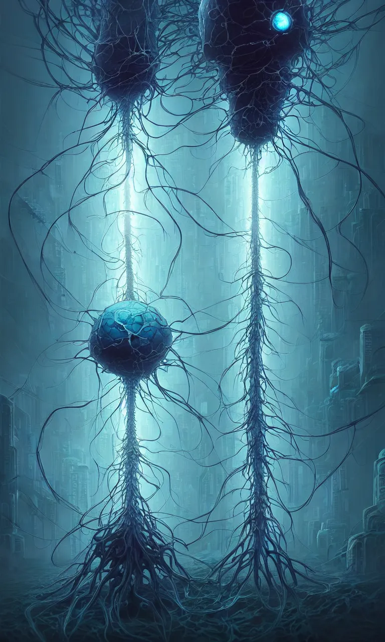 Image similar to internal lymphocyte virion rawandrendered synaptic fractality transmission embryonic beholder glial neurons cyberpunk nerve cells microscopic plankton by wojtekfus facey rossdraws. neuronal megacity neurone synapse by beksinski. # imaginativerealism