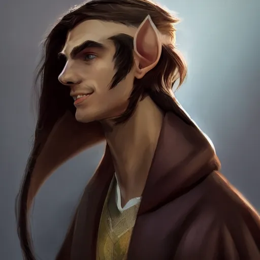 Prompt: A portrait of a adolescent male half-elf wizard, focus on face, tall, slim, short brown hair, smiling, wizard robes, staff, sharp focus, highly detailed, photograph, cinematic, dynamic lighting, trending on artstation, digital painting, in the style of Chris Ostrowski
