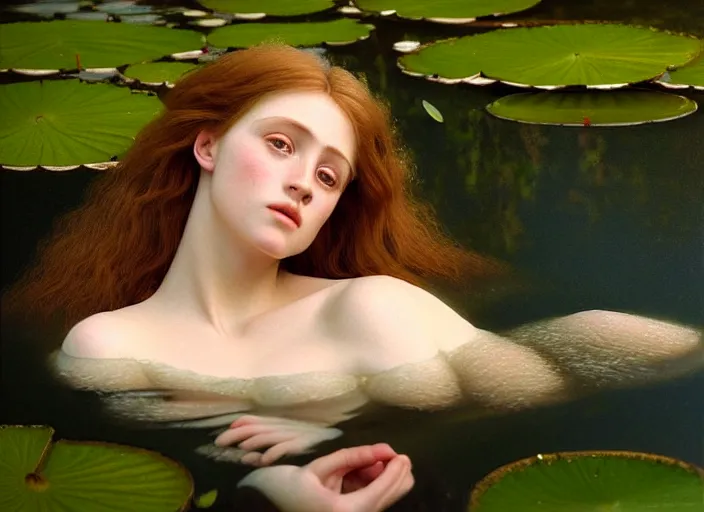 Image similar to Kodak Portra 400, 8K, soft light, volumetric lighting, highly detailed, britt marling style 3/4 ,portrait photo of a beautiful woman how pre-Raphaelites painter, the face emerges from the water of a pond with water lilies, in the pose of Ophelia Millais, a beautiful lace dress and hair are intricate with highly detailed realistic beautiful flowers , Realistic, Refined, Highly Detailed, natural outdoor soft pastel lighting colors scheme, outdoor fine art photography, Hyper realistic, photo realistic