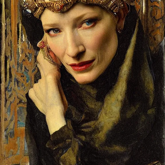 Image similar to cate blanchett by Annie Swynnerton and Nicholas Roerich and Vermeer, strong dramatic cinematic lighting , ornate headdress , lost civilizations, smooth, sharp focus, extremely detailed