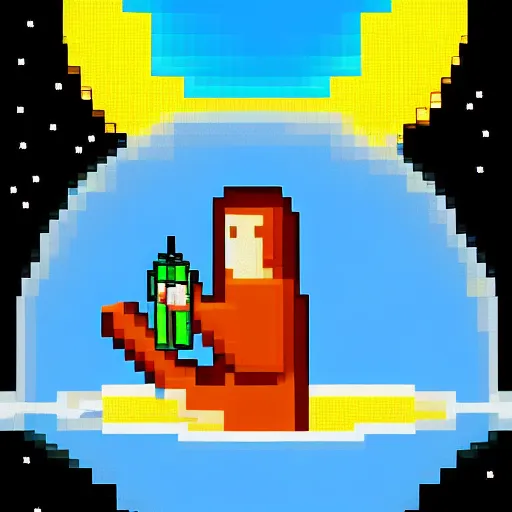 Prompt: pixelart, 2 d pixel illustration, new pixel art trending on artstation, an astronaut drinking a bottle of vodka on the surface of venus while staring at the sun