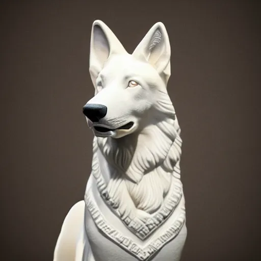 Image similar to detailed photo of a white shepherd statue made of gold, various posed, studio light, 8 k, photorealism, intricate detail, museum diffuse lighting