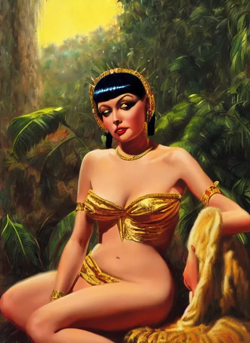 Image similar to lili st. cyr as cleopatra, pulp art oil painting by mort kunstler, intricate, hyper detailed, 4 k, hd, award winning, photorealistic