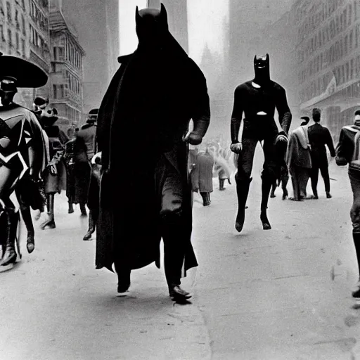 Prompt: old black and white photo, 1 9 1 3, depicting masked superheroes walking through the bustling streets of new york city, historical record