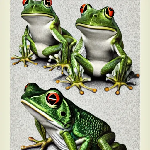 Prompt: full page antique lithograph of humanoid frogs, White background, art print, clean brush stroke, realistic highly detailed, 8k post-processing highly detailed, rendered by octane engine, esty