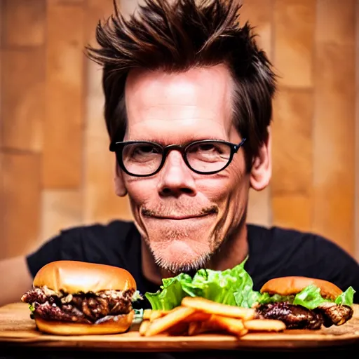 Image similar to kevin bacon portrait eating bacon burger soda fries, award winning food photography