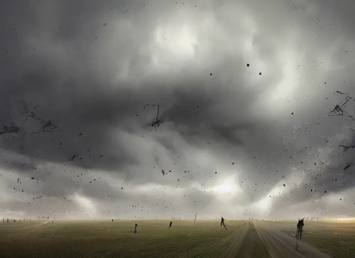 Prompt: thousands of robots falling from the sky whole storm tornado fx arstation hyperrealistic art