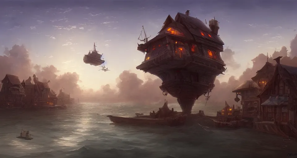 Image similar to landscape an floating town in the sky and an sky - ship flying towards it andreas rocha