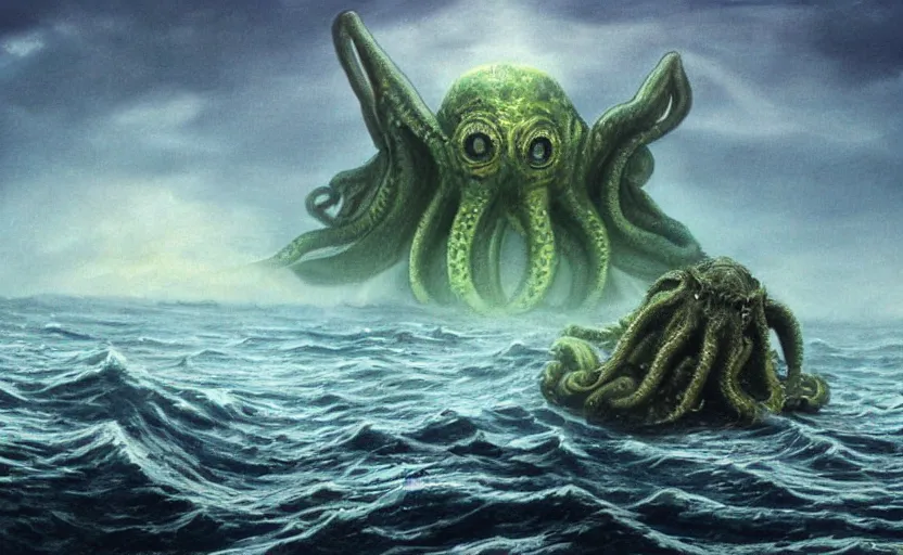 Prompt: cthulhu in the ocean looking up. matte painting. full color.