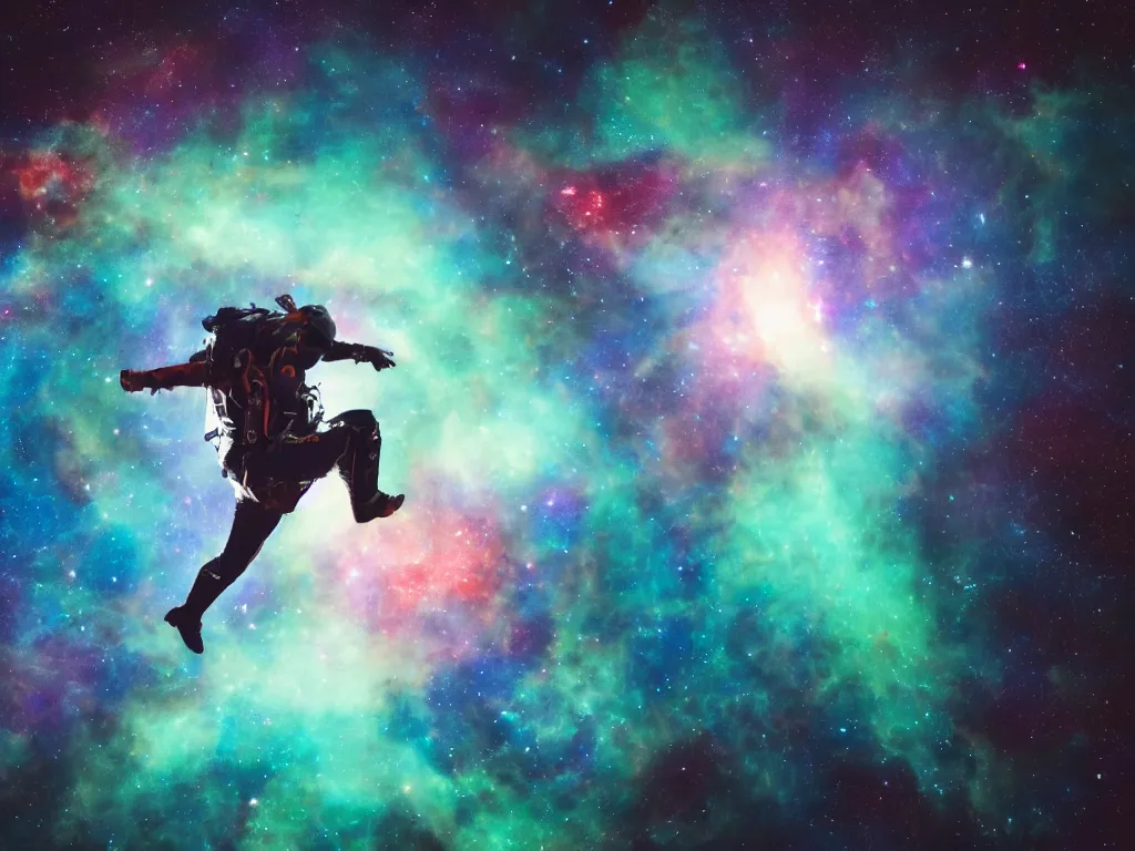Prompt: First person view of jumping out of a spaceship into a nebula, DSLR photograph