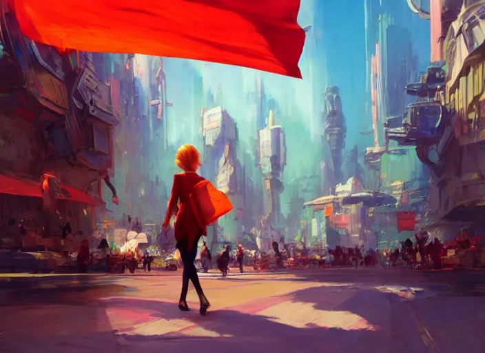 Image similar to gorgeous bright girl holding a red flag over her head enthusiastically walking through Mandelbrot fractal futuristic bustling city by Craig Mullins, ilya kuvshinov, krenz cushart, artgerm trending on artstation by Edward Hopper and Dan Mumford and WLOP and Rutkovsky, Unreal Engine 5, Lumen, Nanite