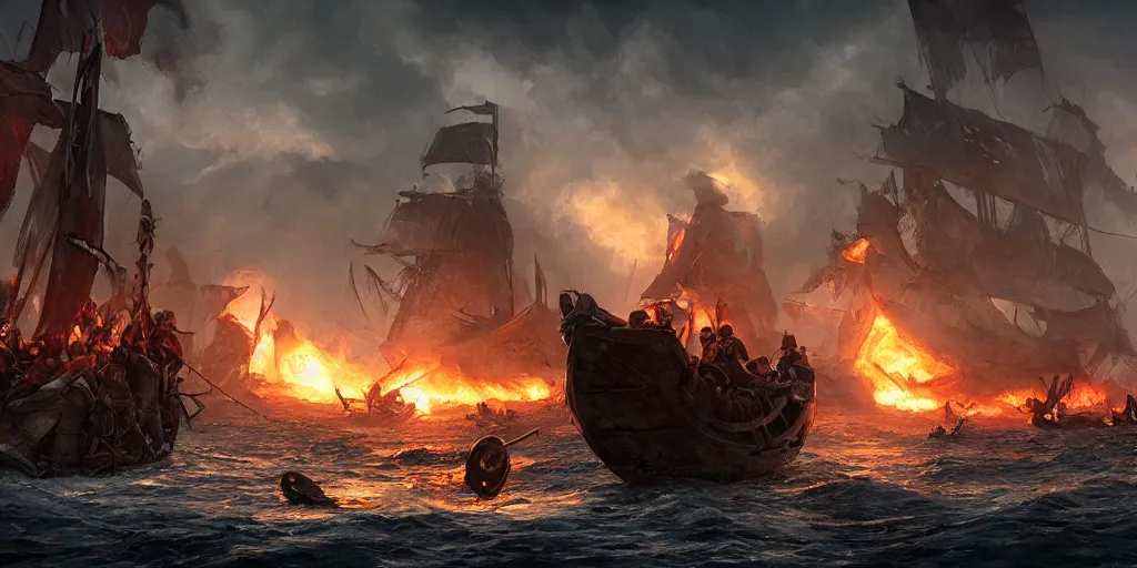 Image similar to Viking battle at sea, by WLOP, fire, epic scenery, dark fantasy, concept art, detailed, realistic, render, unreal engine 4K, trending on Artstation