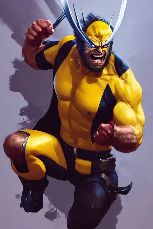 Image similar to Boris Johnson as Wolverine, claws are up, yellow X-man costume, portrait, masculine figure, highly detailed, digital painting, artstation, concept art, smooth, sharp focus, illustration, cinematic lighting, art by artgerm and greg rutkowski and alphonse mucha